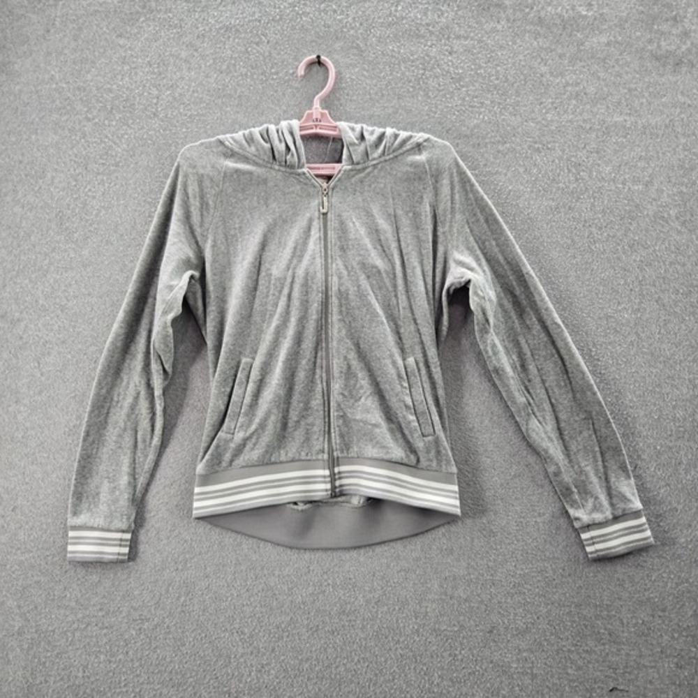 Juicy Couture Women Hoodie M Gray Zipper Striped Trim Long Sleeve